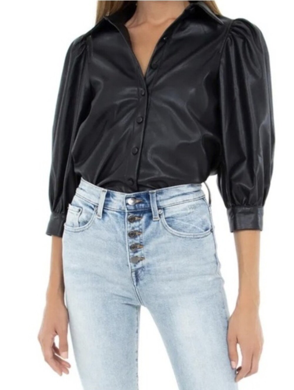 Pistola Adina Vegan Leather 3/4 Puff Sleeve Button Up Top Goth Black Large